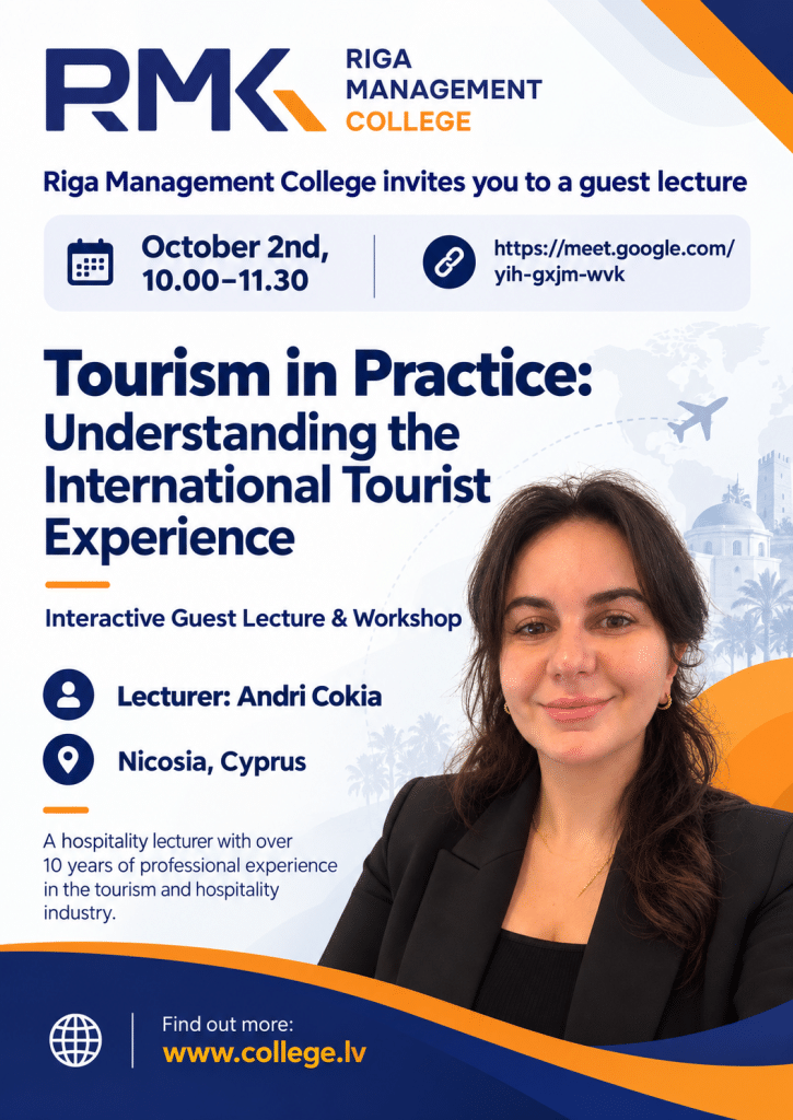 Vieslekcijas “Tourism in Practice” plakāts: Andri Cokia, 2. oktobrī plkst. 10.00–11.30 tiešsaistē